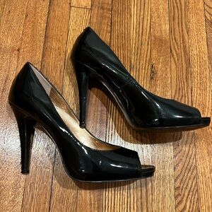 BCBGeneration Glossy Black Peep-Toe Heels